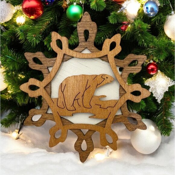 Handcrafted Wooden Snowflake Christmas Tree Ornament Polar Bear Design Rustic - Picture 1 of 6